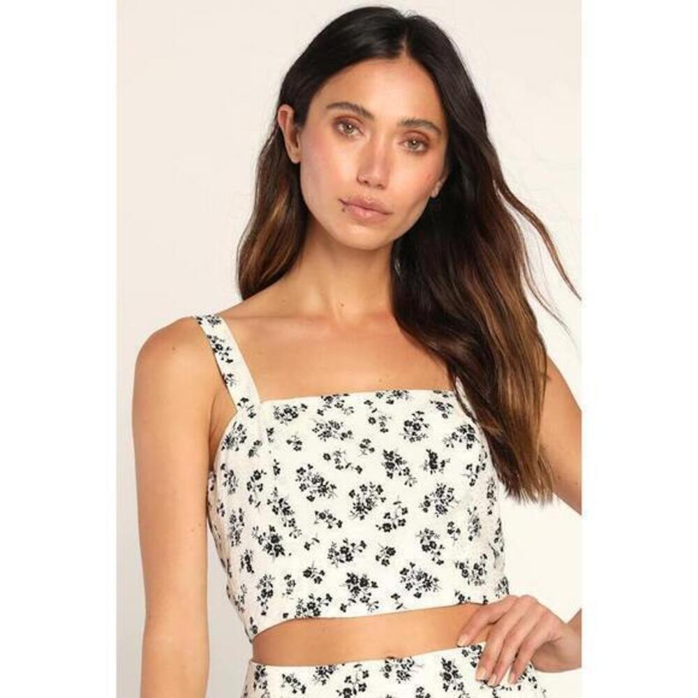 NWT Lulus Seasonal Blooms Ivory Floral Print Tie-back Cropped Tank Top White